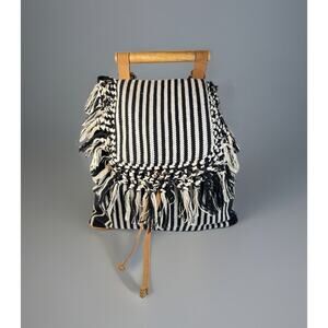 World Market Boho Backpack Purse Black White Stripe Fringe Wood Handle Woven